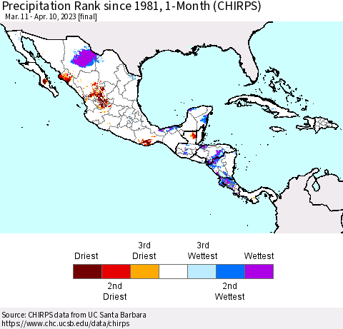 Mexico Central America and the Caribbean Precipitation Rank since 1981, 1-Month (CHIRPS) Thematic Map For 3/11/2023 - 4/10/2023
