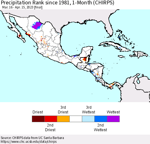 Mexico Central America and the Caribbean Precipitation Rank since 1981, 1-Month (CHIRPS) Thematic Map For 3/16/2023 - 4/15/2023