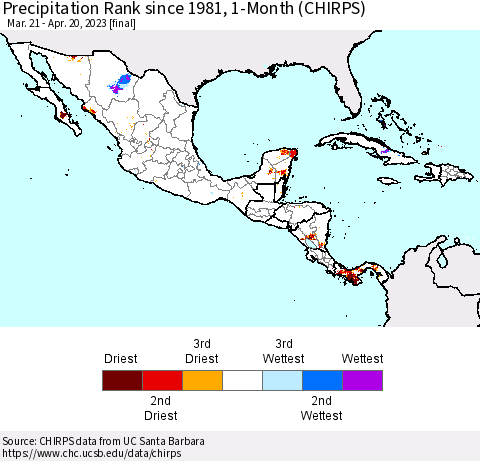 Mexico Central America and the Caribbean Precipitation Rank since 1981, 1-Month (CHIRPS) Thematic Map For 3/21/2023 - 4/20/2023