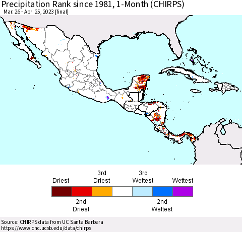 Mexico Central America and the Caribbean Precipitation Rank since 1981, 1-Month (CHIRPS) Thematic Map For 3/26/2023 - 4/25/2023