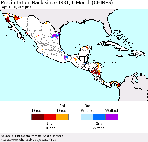 Mexico Central America and the Caribbean Precipitation Rank since 1981, 1-Month (CHIRPS) Thematic Map For 4/1/2023 - 4/30/2023
