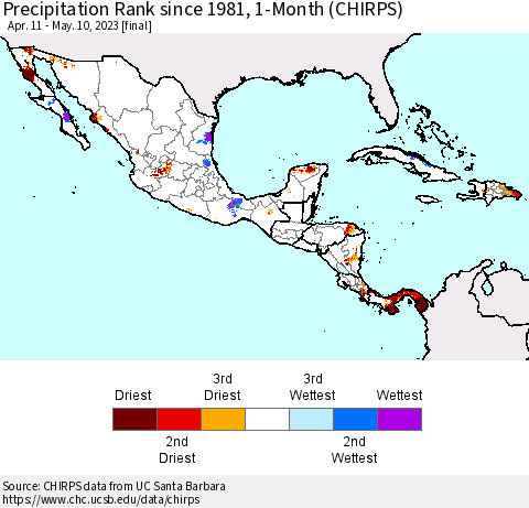 Mexico Central America and the Caribbean Precipitation Rank since 1981, 1-Month (CHIRPS) Thematic Map For 4/11/2023 - 5/10/2023