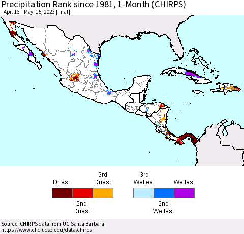 Mexico Central America and the Caribbean Precipitation Rank since 1981, 1-Month (CHIRPS) Thematic Map For 4/16/2023 - 5/15/2023