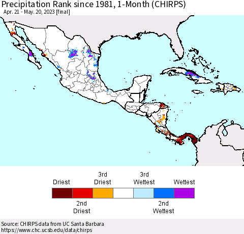 Mexico Central America and the Caribbean Precipitation Rank since 1981, 1-Month (CHIRPS) Thematic Map For 4/21/2023 - 5/20/2023