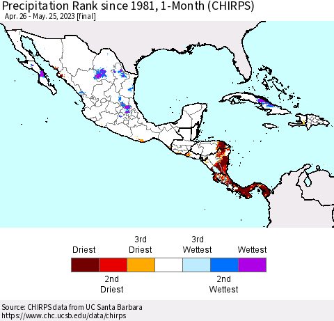 Mexico Central America and the Caribbean Precipitation Rank since 1981, 1-Month (CHIRPS) Thematic Map For 4/26/2023 - 5/25/2023