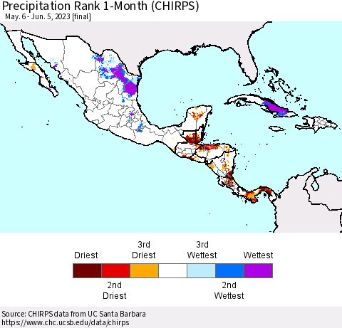 Mexico Central America and the Caribbean Precipitation Rank since 1981, 1-Month (CHIRPS) Thematic Map For 5/6/2023 - 6/5/2023