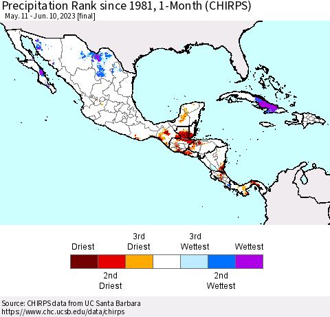 Mexico Central America and the Caribbean Precipitation Rank since 1981, 1-Month (CHIRPS) Thematic Map For 5/11/2023 - 6/10/2023