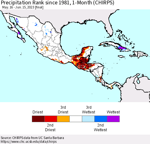 Mexico Central America and the Caribbean Precipitation Rank since 1981, 1-Month (CHIRPS) Thematic Map For 5/16/2023 - 6/15/2023