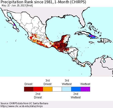 Mexico Central America and the Caribbean Precipitation Rank since 1981, 1-Month (CHIRPS) Thematic Map For 5/21/2023 - 6/20/2023