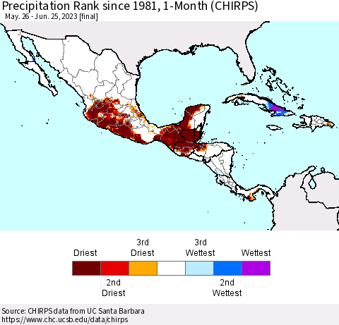 Mexico Central America and the Caribbean Precipitation Rank since 1981, 1-Month (CHIRPS) Thematic Map For 5/26/2023 - 6/25/2023