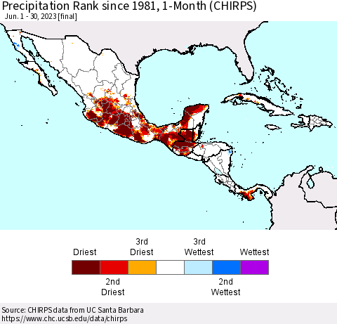 Mexico Central America and the Caribbean Precipitation Rank since 1981, 1-Month (CHIRPS) Thematic Map For 6/1/2023 - 6/30/2023