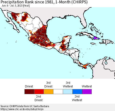 Mexico Central America and the Caribbean Precipitation Rank since 1981, 1-Month (CHIRPS) Thematic Map For 6/6/2023 - 7/5/2023