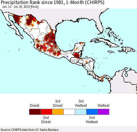 Mexico Central America and the Caribbean Precipitation Rank since 1981, 1-Month (CHIRPS) Thematic Map For 6/11/2023 - 7/10/2023