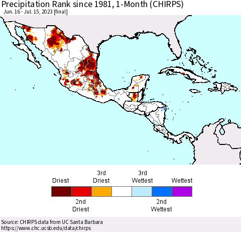 Mexico Central America and the Caribbean Precipitation Rank since 1981, 1-Month (CHIRPS) Thematic Map For 6/16/2023 - 7/15/2023