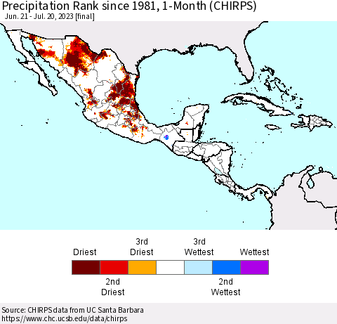 Mexico Central America and the Caribbean Precipitation Rank since 1981, 1-Month (CHIRPS) Thematic Map For 6/21/2023 - 7/20/2023