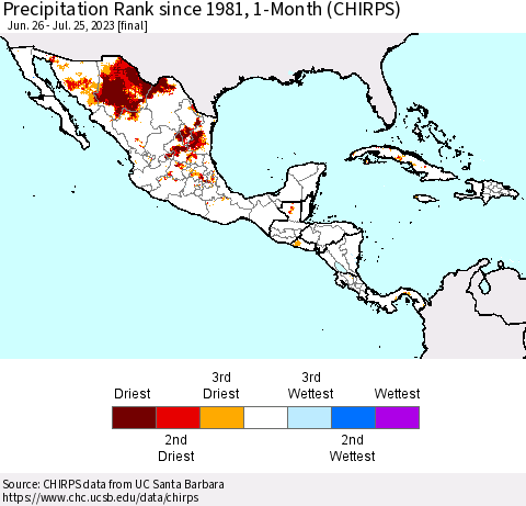 Mexico Central America and the Caribbean Precipitation Rank since 1981, 1-Month (CHIRPS) Thematic Map For 6/26/2023 - 7/25/2023