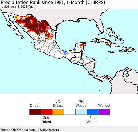 Mexico Central America and the Caribbean Precipitation Rank since 1981, 1-Month (CHIRPS) Thematic Map For 7/6/2023 - 8/5/2023