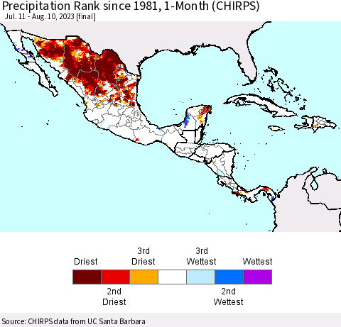 Mexico Central America and the Caribbean Precipitation Rank since 1981, 1-Month (CHIRPS) Thematic Map For 7/11/2023 - 8/10/2023