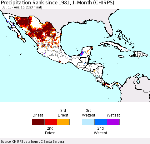 Mexico Central America and the Caribbean Precipitation Rank since 1981, 1-Month (CHIRPS) Thematic Map For 7/16/2023 - 8/15/2023