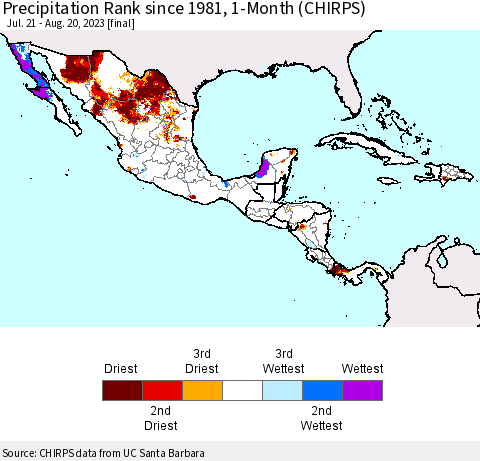 Mexico Central America and the Caribbean Precipitation Rank since 1981, 1-Month (CHIRPS) Thematic Map For 7/21/2023 - 8/20/2023