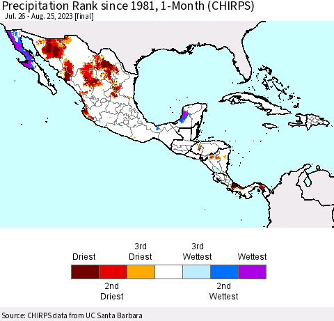 Mexico Central America and the Caribbean Precipitation Rank since 1981, 1-Month (CHIRPS) Thematic Map For 7/26/2023 - 8/25/2023