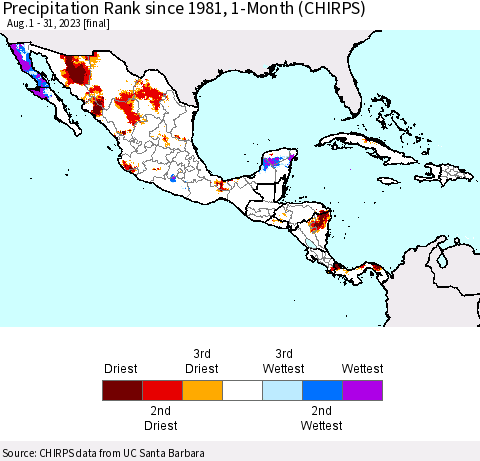 Mexico Central America and the Caribbean Precipitation Rank since 1981, 1-Month (CHIRPS) Thematic Map For 8/1/2023 - 8/31/2023