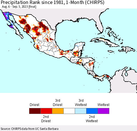 Mexico Central America and the Caribbean Precipitation Rank since 1981, 1-Month (CHIRPS) Thematic Map For 8/6/2023 - 9/5/2023