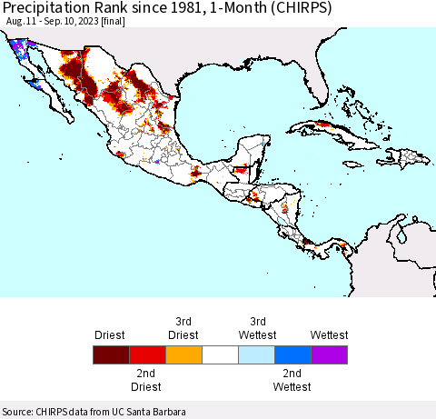 Mexico Central America and the Caribbean Precipitation Rank since 1981, 1-Month (CHIRPS) Thematic Map For 8/11/2023 - 9/10/2023