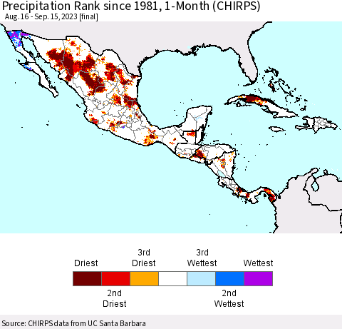Mexico Central America and the Caribbean Precipitation Rank since 1981, 1-Month (CHIRPS) Thematic Map For 8/16/2023 - 9/15/2023
