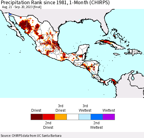 Mexico Central America and the Caribbean Precipitation Rank since 1981, 1-Month (CHIRPS) Thematic Map For 8/21/2023 - 9/20/2023
