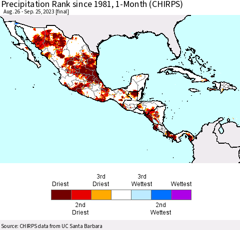 Mexico Central America and the Caribbean Precipitation Rank since 1981, 1-Month (CHIRPS) Thematic Map For 8/26/2023 - 9/25/2023