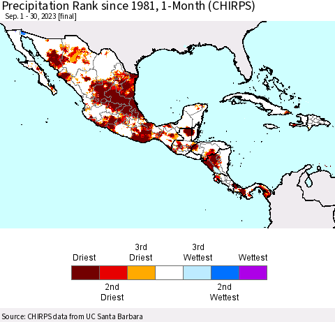 Mexico Central America and the Caribbean Precipitation Rank since 1981, 1-Month (CHIRPS) Thematic Map For 9/1/2023 - 9/30/2023