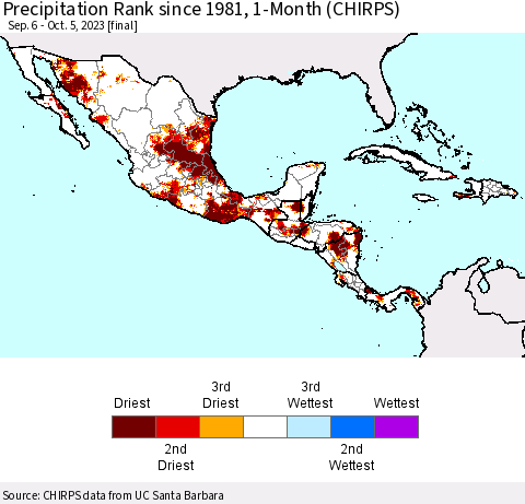 Mexico Central America and the Caribbean Precipitation Rank since 1981, 1-Month (CHIRPS) Thematic Map For 9/6/2023 - 10/5/2023