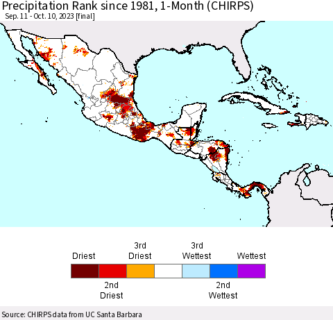 Mexico Central America and the Caribbean Precipitation Rank since 1981, 1-Month (CHIRPS) Thematic Map For 9/11/2023 - 10/10/2023