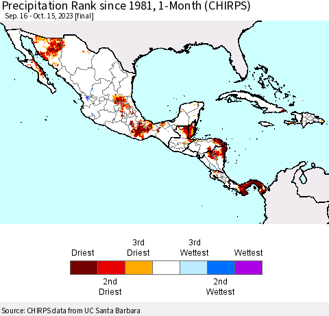 Mexico Central America and the Caribbean Precipitation Rank since 1981, 1-Month (CHIRPS) Thematic Map For 9/16/2023 - 10/15/2023