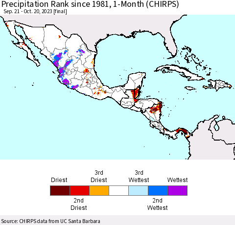 Mexico Central America and the Caribbean Precipitation Rank since 1981, 1-Month (CHIRPS) Thematic Map For 9/21/2023 - 10/20/2023