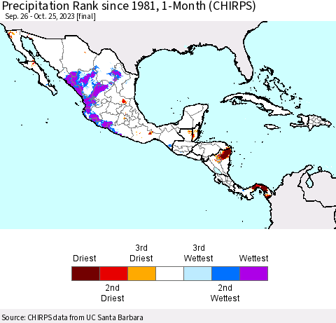Mexico Central America and the Caribbean Precipitation Rank since 1981, 1-Month (CHIRPS) Thematic Map For 9/26/2023 - 10/25/2023