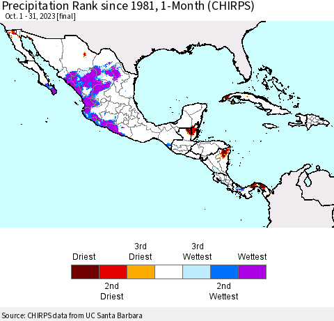 Mexico Central America and the Caribbean Precipitation Rank since 1981, 1-Month (CHIRPS) Thematic Map For 10/1/2023 - 10/31/2023