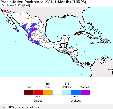Mexico Central America and the Caribbean Precipitation Rank since 1981, 1-Month (CHIRPS) Thematic Map For 10/6/2023 - 11/5/2023