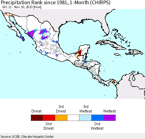 Mexico Central America and the Caribbean Precipitation Rank since 1981, 1-Month (CHIRPS) Thematic Map For 10/11/2023 - 11/10/2023