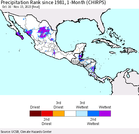 Mexico Central America and the Caribbean Precipitation Rank since 1981, 1-Month (CHIRPS) Thematic Map For 10/16/2023 - 11/15/2023