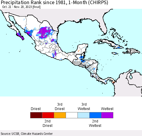 Mexico Central America and the Caribbean Precipitation Rank since 1981, 1-Month (CHIRPS) Thematic Map For 10/21/2023 - 11/20/2023