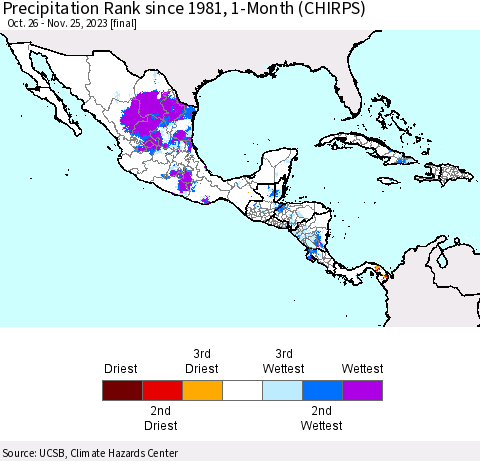 Mexico Central America and the Caribbean Precipitation Rank since 1981, 1-Month (CHIRPS) Thematic Map For 10/26/2023 - 11/25/2023