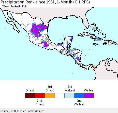 Mexico Central America and the Caribbean Precipitation Rank since 1981, 1-Month (CHIRPS) Thematic Map For 11/1/2023 - 11/30/2023