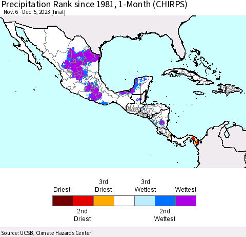 Mexico Central America and the Caribbean Precipitation Rank since 1981, 1-Month (CHIRPS) Thematic Map For 11/6/2023 - 12/5/2023