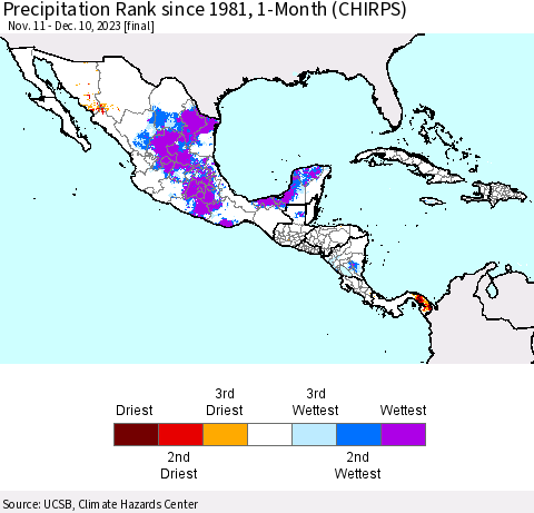 Mexico Central America and the Caribbean Precipitation Rank since 1981, 1-Month (CHIRPS) Thematic Map For 11/11/2023 - 12/10/2023
