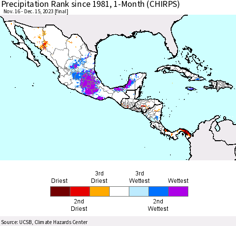 Mexico Central America and the Caribbean Precipitation Rank since 1981, 1-Month (CHIRPS) Thematic Map For 11/16/2023 - 12/15/2023