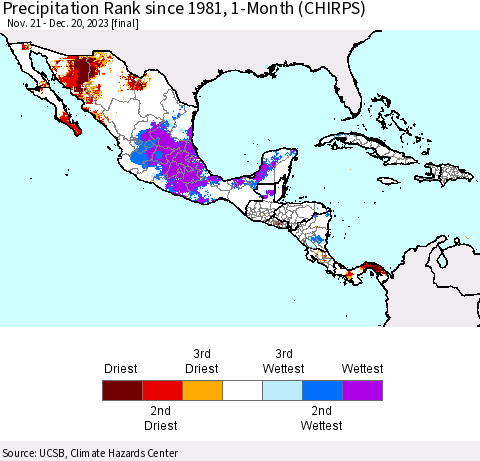 Mexico Central America and the Caribbean Precipitation Rank since 1981, 1-Month (CHIRPS) Thematic Map For 11/21/2023 - 12/20/2023