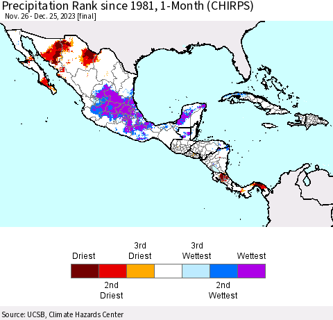 Mexico Central America and the Caribbean Precipitation Rank since 1981, 1-Month (CHIRPS) Thematic Map For 11/26/2023 - 12/25/2023