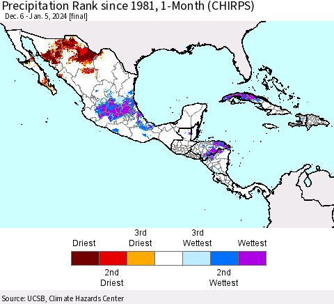 Mexico Central America and the Caribbean Precipitation Rank since 1981, 1-Month (CHIRPS) Thematic Map For 12/6/2023 - 1/5/2024